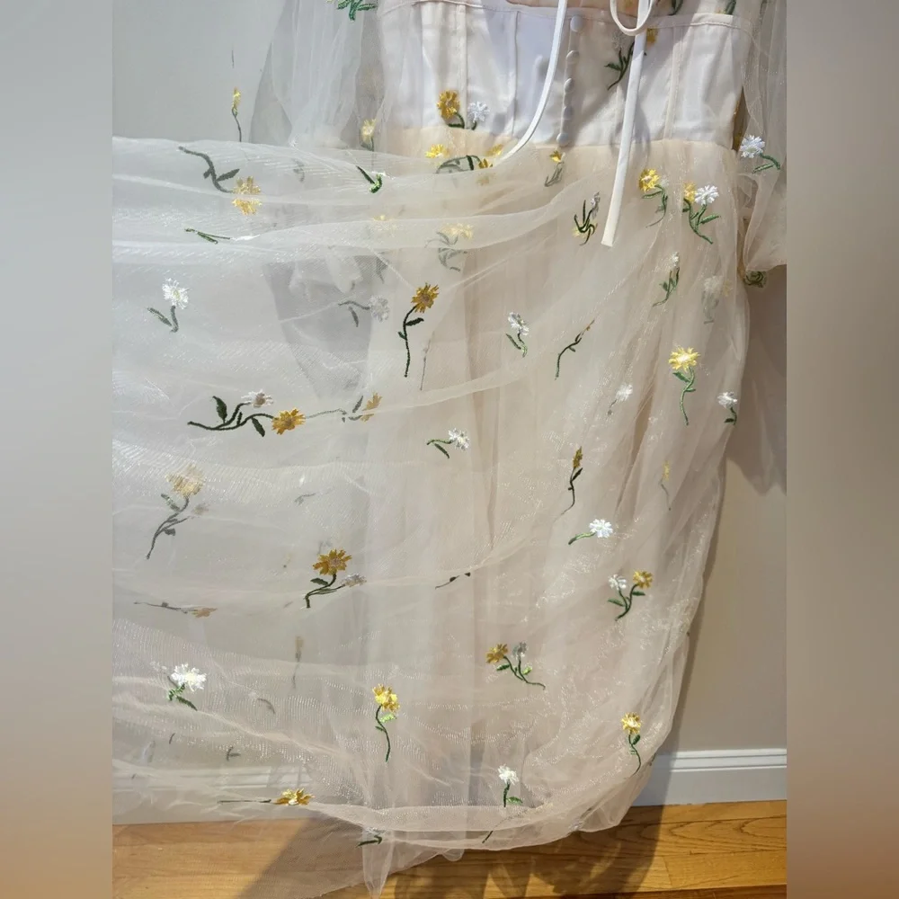 Sheer Embroidered Ivory Prom Dress with Yellow Floral Details - Picture 3 of 5